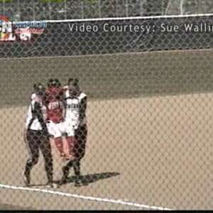 The footage was taken by Sue Wallin, a parent at the game. Sara Tucholsky of Western Oregon is up to bat against Central Washington. The video picks up as Tucholsky hits her first ever - in her life - home run. Just past 1st base, she tears a ligament in her knee and is unable to run any further. The umpires state that if her teammates or coaches assist her she will be declared out and if a pinch runner is substitued for her, her homer will be declared a single. Hearing this, Central Washington's Mallory Holtman and Liz Wallace offer to carry her around the bases. Thus ends Tucholsky's softball season and career.